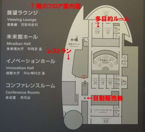 日本科学未来館の駐車場、ランチのレストラン、自動販売機、アクセスの情報まとめ・7階フロアマップ